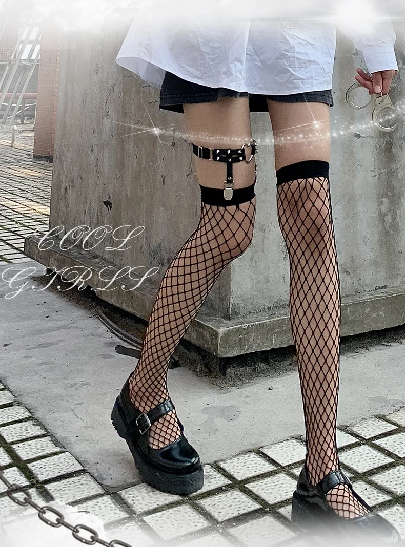 Gothic Black Rivet Leg Ring Over Knee Stockings Streetwear Girls Punk Thin Leg Ring Clip Buckle Fashion JK Fishnet Long Socks