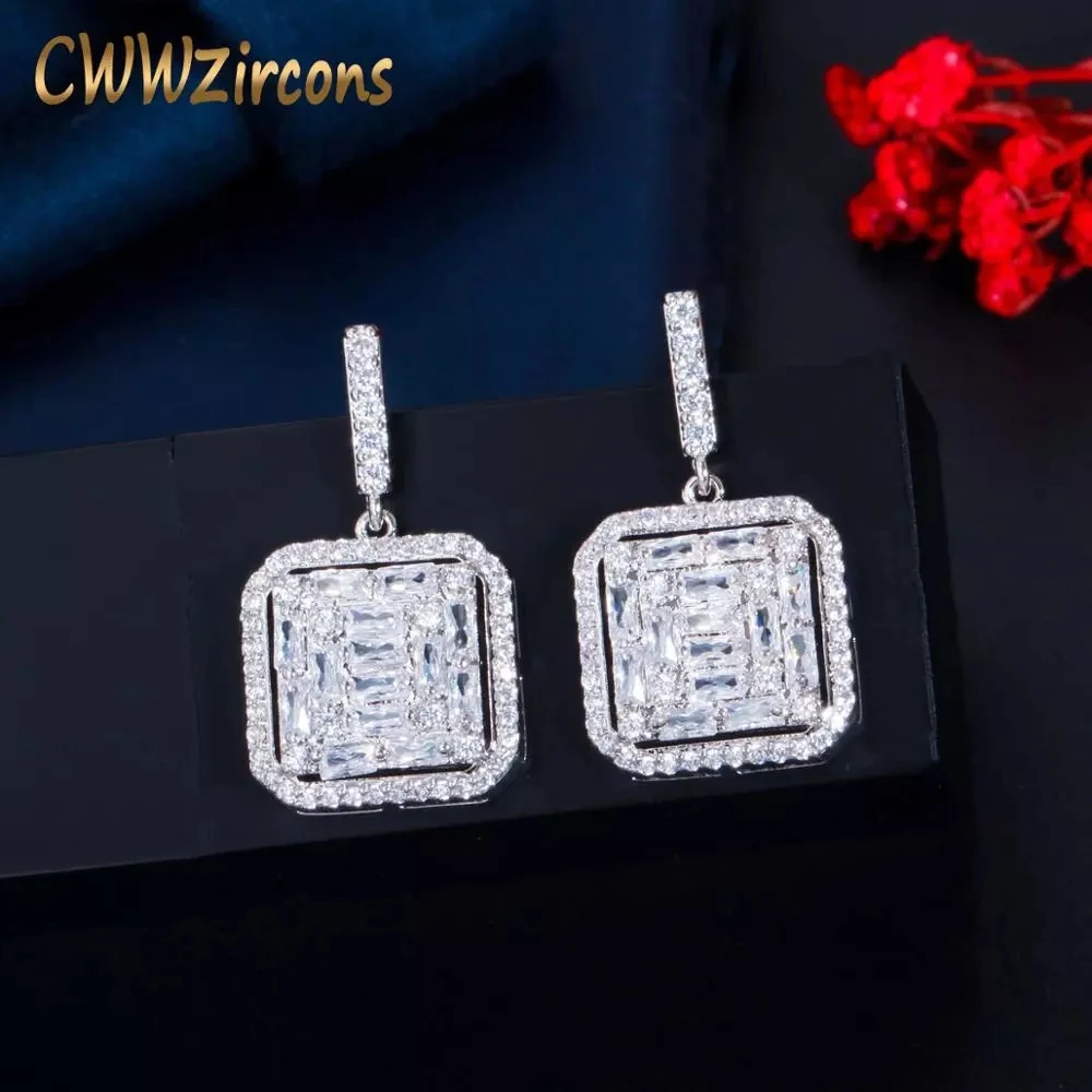 CWWZircons Bling Square Cut Cubic Zirconia Women CZ Engagement Wedding Party Dangle Drop Earrings Jewelry Accessories Gift CZ790