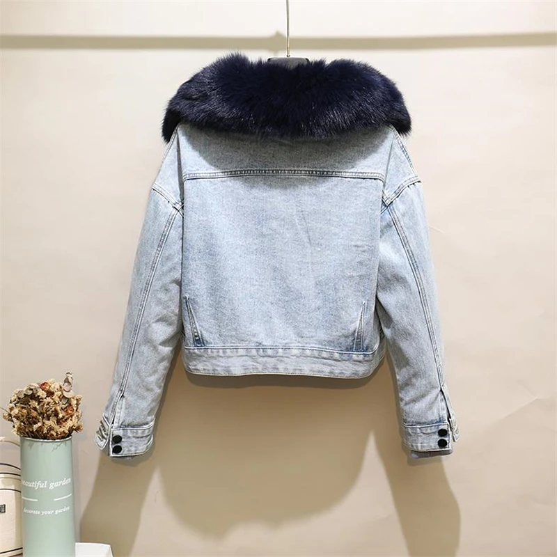 Fashion Denim Overalls Parkas Women Winter Real Fox Fur Collar Rabbit Fur Liner Warm Loose Short Washed Distressed Jacket Female