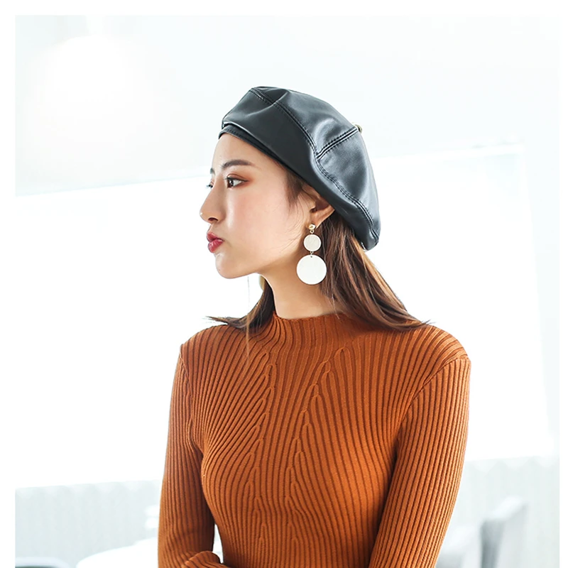 

Wholesale Women Beret Hat Retro Vintage Womens Caps Genuine Leather Sheepskin Solid Red Orange White Black Autumn Winter Hat