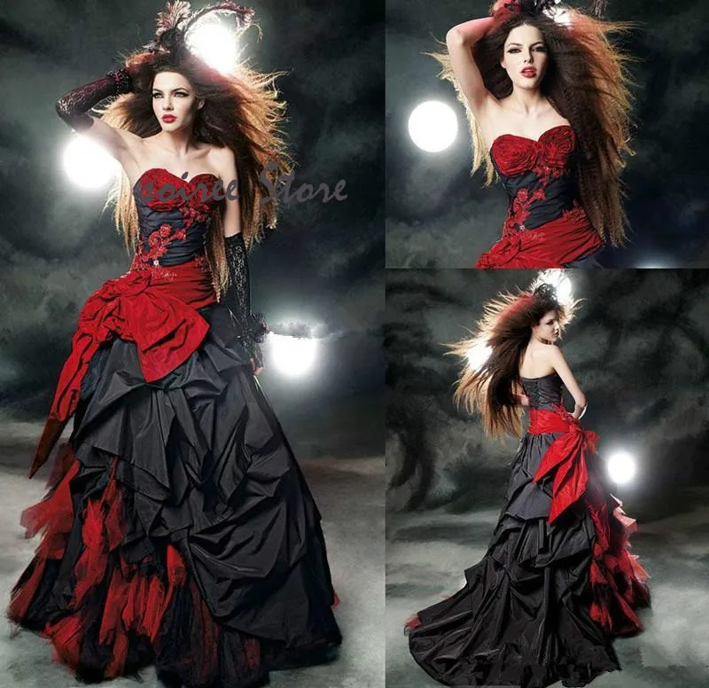 Fantasy Black And Red  Gothic Wedding Dresses Punk Sweetheart Victorian Medieval Halloween Bridal Elf Mexican Bride Customized