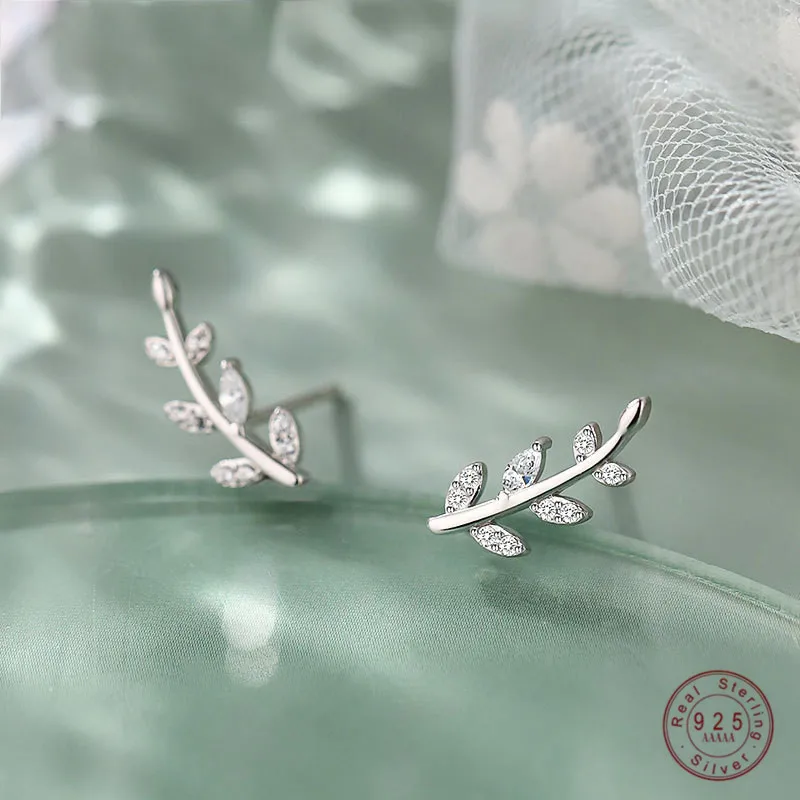 925 Sterling Silver French Simple Pavé Crystal Olive Branch Leaf Stud Earrings Women Light Luxury Temperament Wedding Jewelry