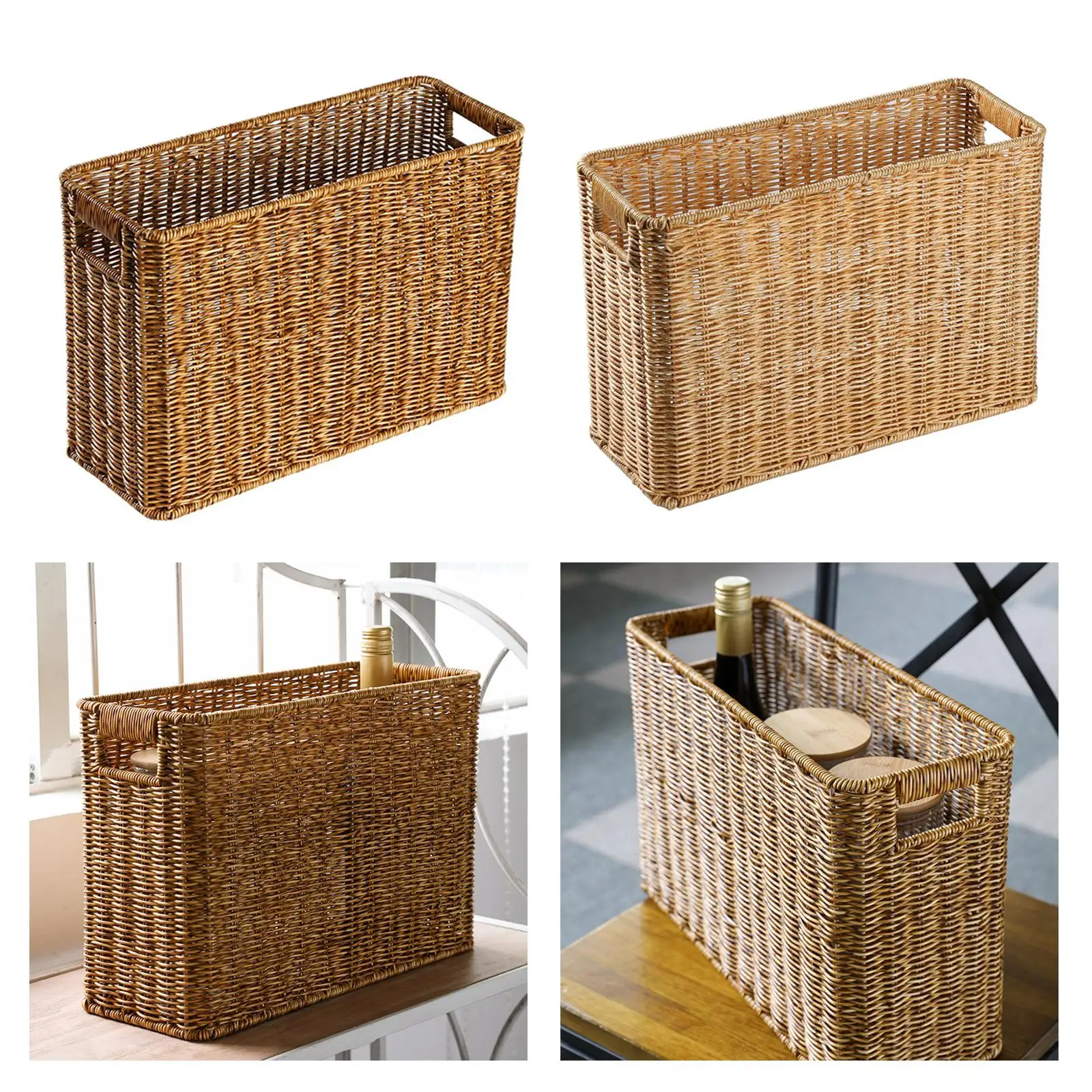 Rattan-Like Magazine Basket Containers Multifunctional Rectangle with Handles Basket Storage for Magazine Newspaper Cabinets