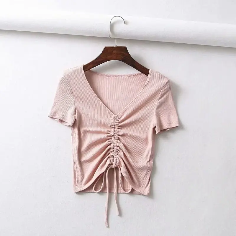 Sexy V Neck Cropped Tank Tops Women Drawstring Tie Up Front Camis Candy Colors Streetwear Slim Fit Ribbed Crop Top 2023