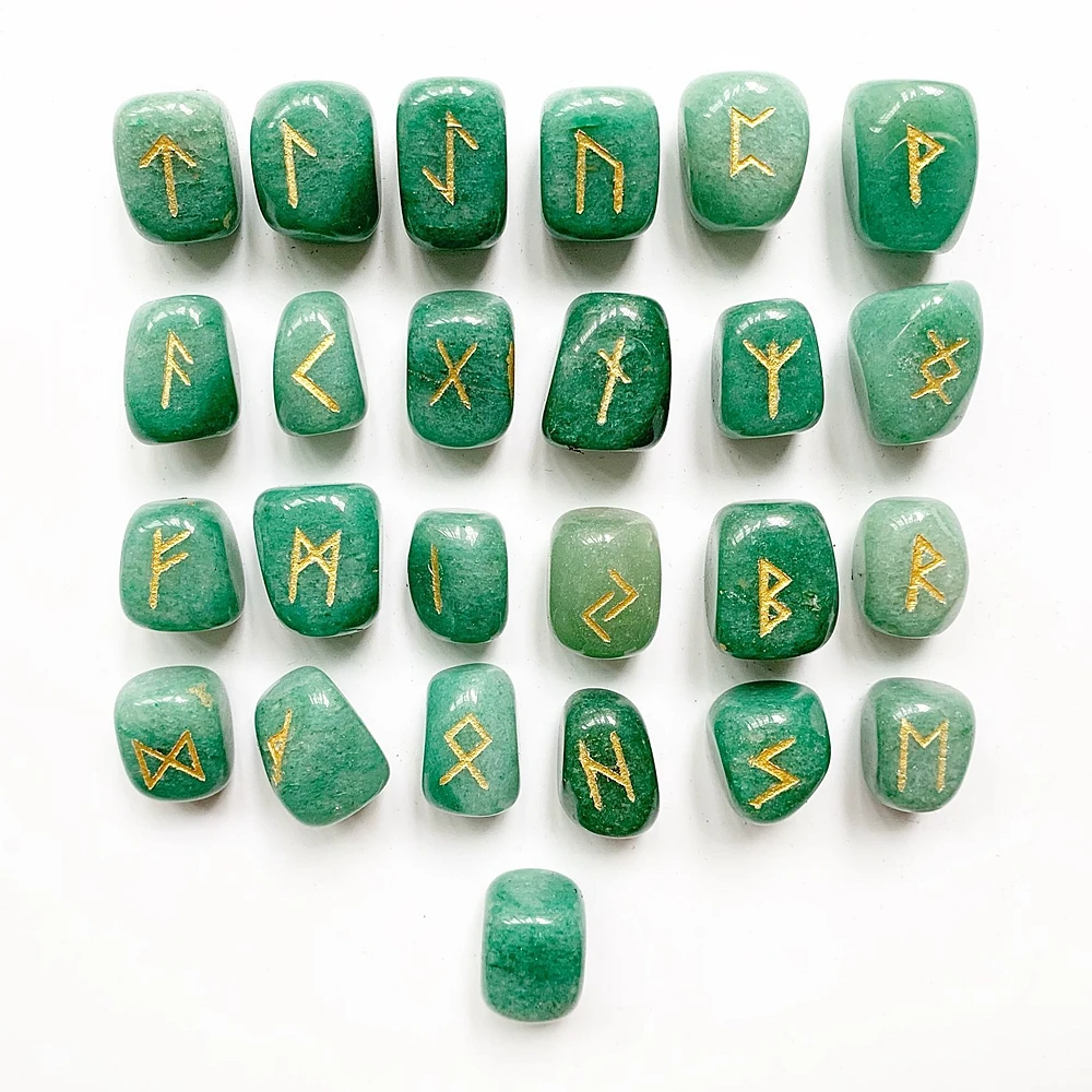 Natural Green Aventurine Crystal Rune Stones Set Tumble Stones Polished Nordic Viking Runes Amulet Divination Crafts 25pcs