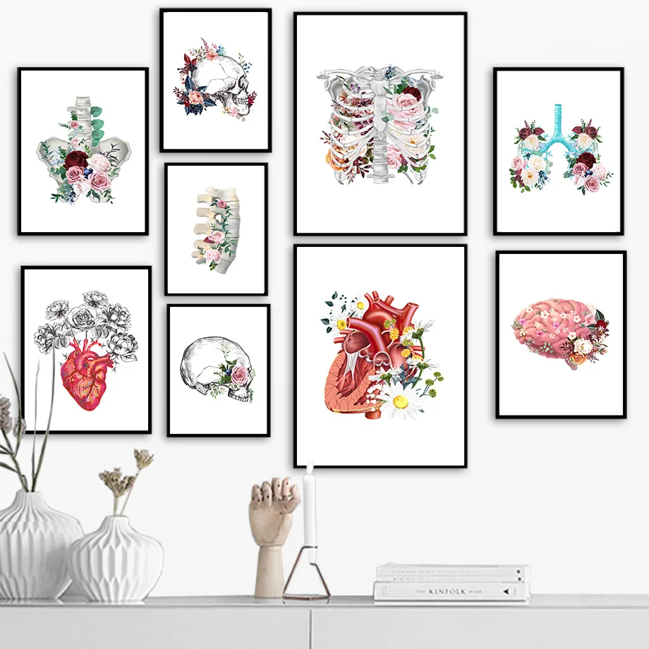 Abstract Medical Organ Poster Red Flower Heart Ear Brain Skull Wall Canvas Painting  For Clinic LivingRoom Hospital Home Decor