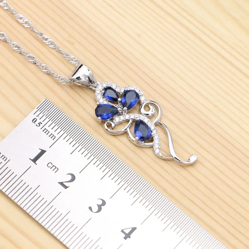 925 Silver Jewelry Sets for Women Party Accessories Natural Blue Sapphire White Crystal Pendant Necklace Ring Earrings Set