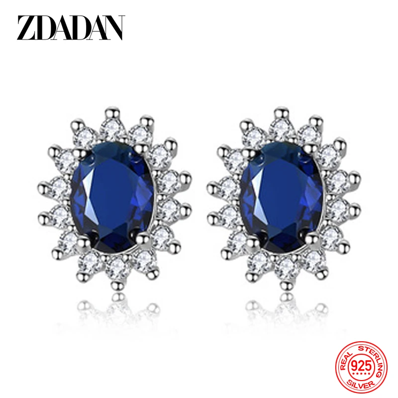 ZDADAN 925 Silver Blue Oval Crystal Earrings For Women Fashion Wedding Jewelry Gifts