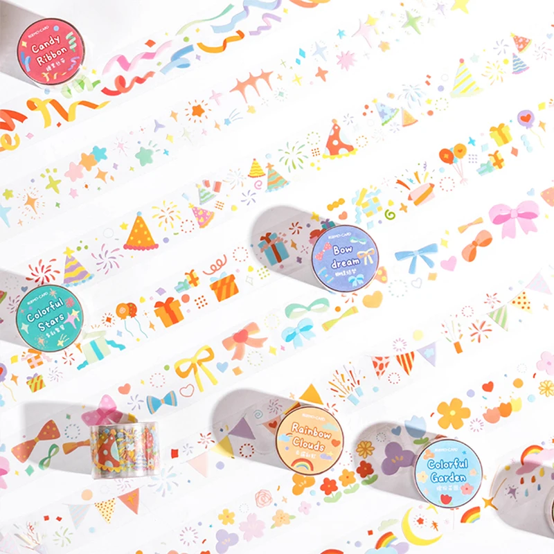 

Cute Flower Bows Colorful Flags Masking Tape PET Ribbon Adhesive Tapes DIY Scrapbooking Diary Album Kawaii Stationery