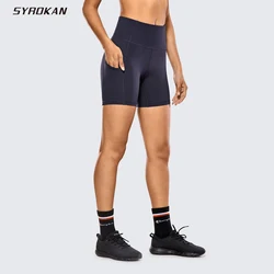 SYROKAN Women's Breathable Luxury Naked Feeling Sport Shorts High Waist Tummy Control Shorts With Side Pockets-6 Inches