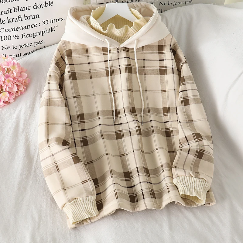 Harajuku Plaid Hooded Hoodie Women Loose Autumn Winter Thick Warm Pullover Sweatshirts Female Oversized Sudaderas Mujer