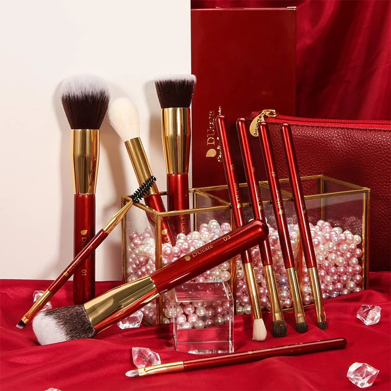 DUcare Makeup Brushes Set Red 10 Piece with PU Leather BAG Premium Synthetic Hairs Kabuki Foundation Blending Eye Cosmetic Brush