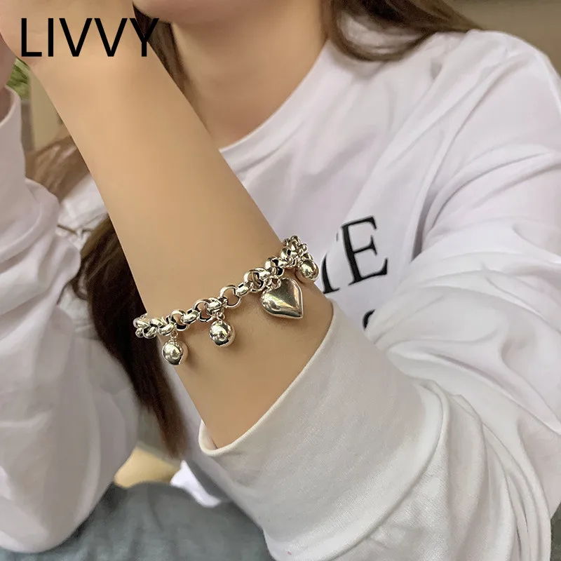 

LIVVY Silver Color New Fashion Creative Smooth Ball Love Heart Pendant Bracelet for Women Punk Party Jewelry Gifts