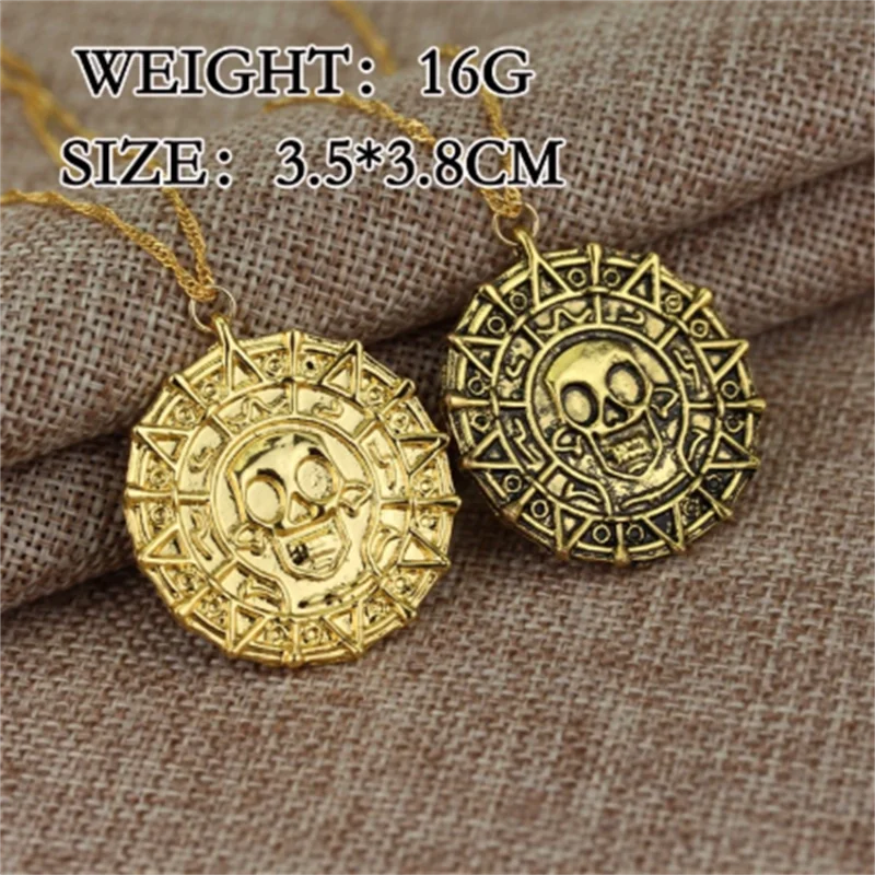 Pirates Of The Caribbean Necklace Jack Sparrow Aztec Skeleton Skull Heads Pendant Coin Medallion Vintage Jewelry wholesale images - 6