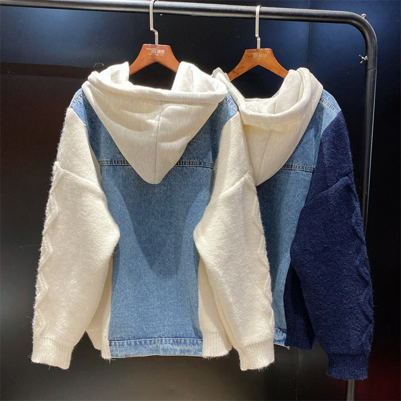 Autumn Winter Knitted Sweater Jacket Women Denim Spliced Fashion Cardigan Hooded Knit Coat Female Thick Warm Loose Sweaters