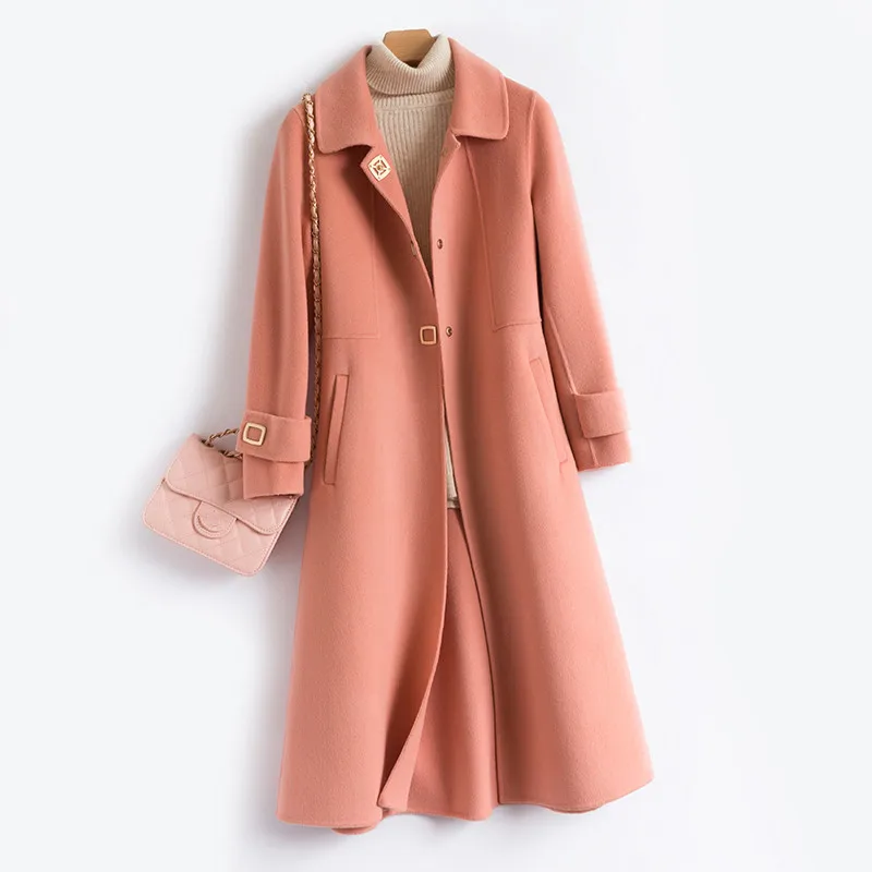 

Spring Autumn Korean Loose Long Double Sided Wool Jacket Coat Women Outwear Solid Color Big Pocket Long Sleeve Wool Coat Female