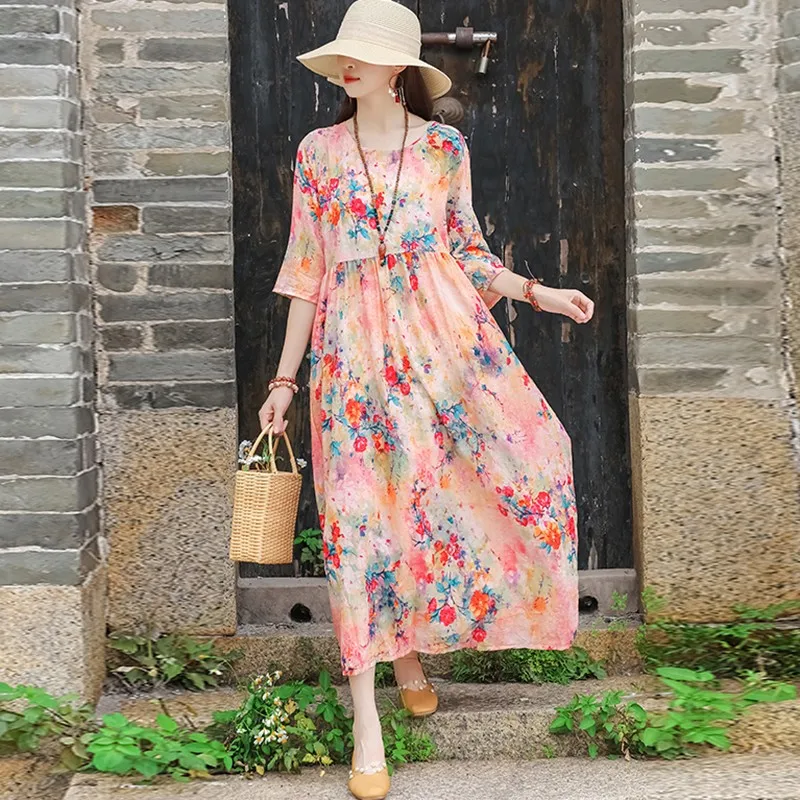 Women Summer Cotton Linen Long Dress New Arrival 2021 Vintage Style Floral Print Loose Ladies A-line Casual Dresses B629