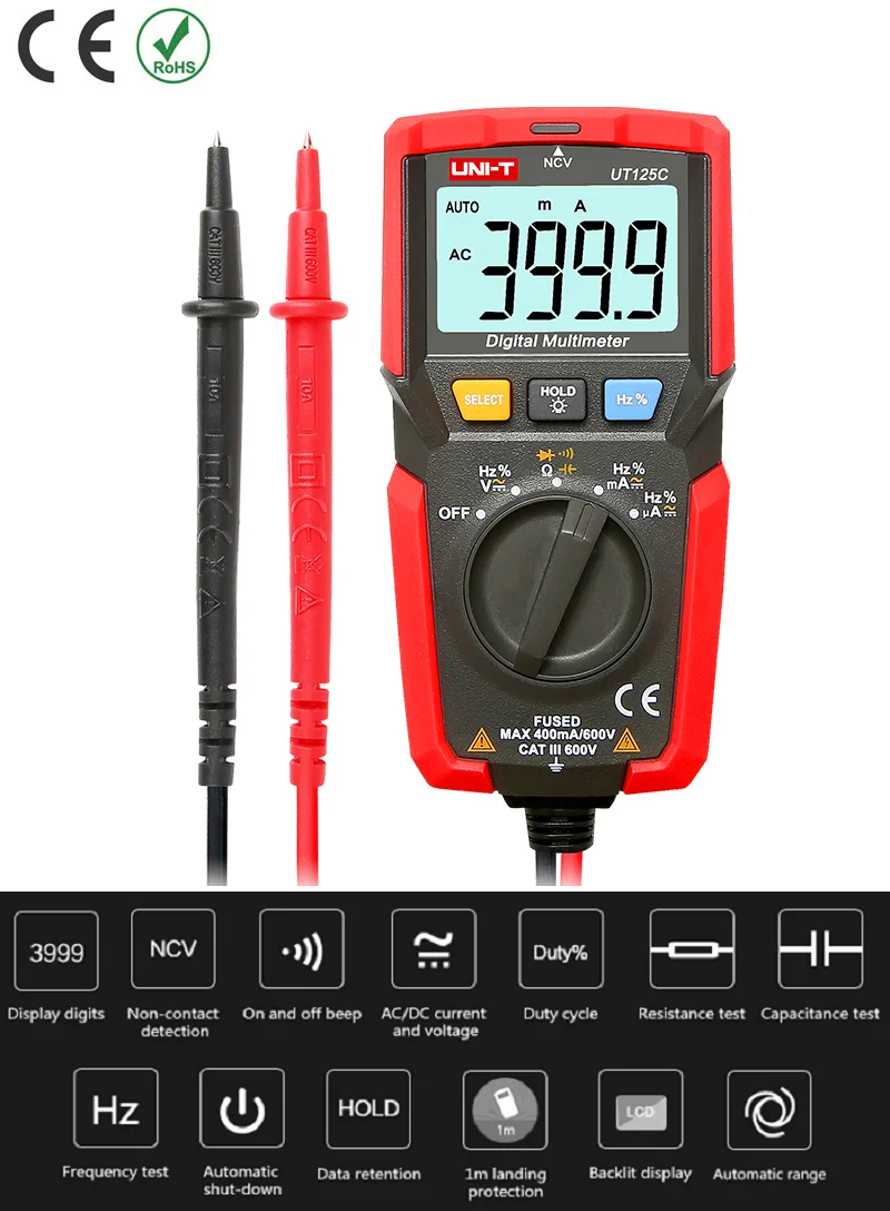 

UT125C Карманный мультиметр переменного/постоянного тока Напряжение Ом Емкость