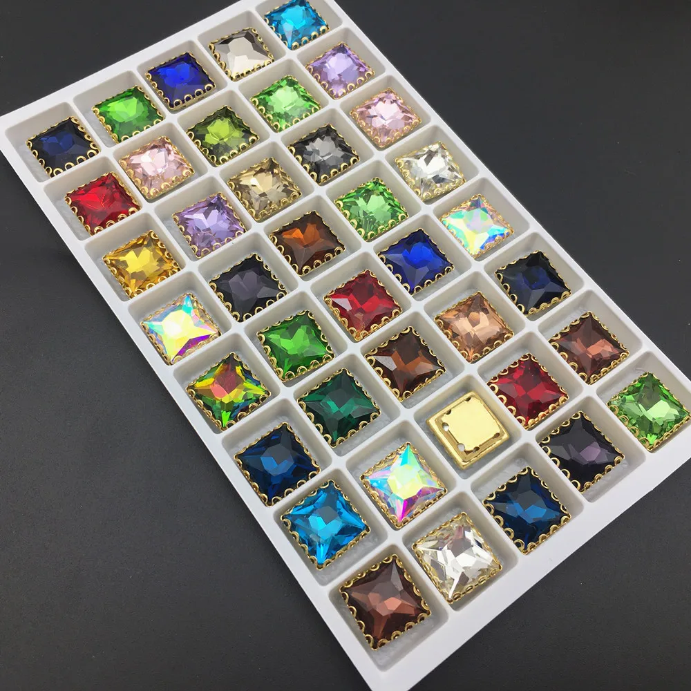 All colors 8mm 10mm 12mm 14mm Square Glass Crystal Lace Claw Rhinestones Golden Base Sew On Stone for Diy/Clothing accessorie