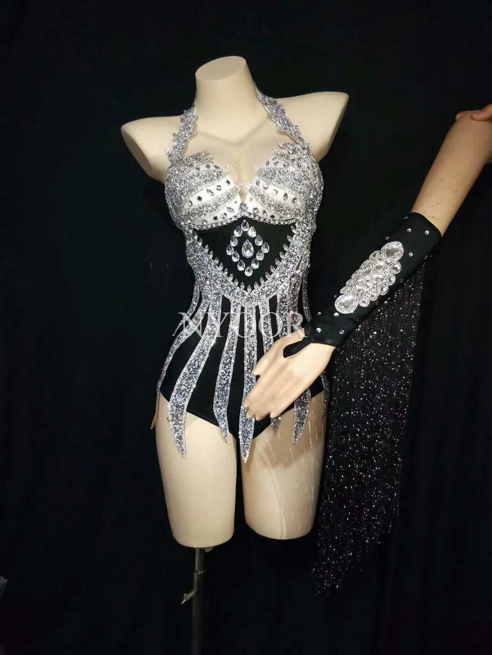 Sparkly Silver Crystals Bodysuit Sexy Skinny Leotard Tassel Gloves Female Bar Dance Stage Party Dance Costume Celebrate Dress