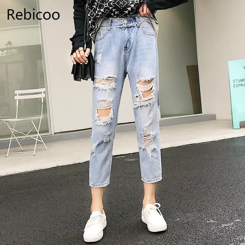 

Vintage Ladies Boyfriend Jeans For Women Mom High Waisted Jeans Light Blue Casual Hole Loose Korean Streetwear Denim Harem Pants