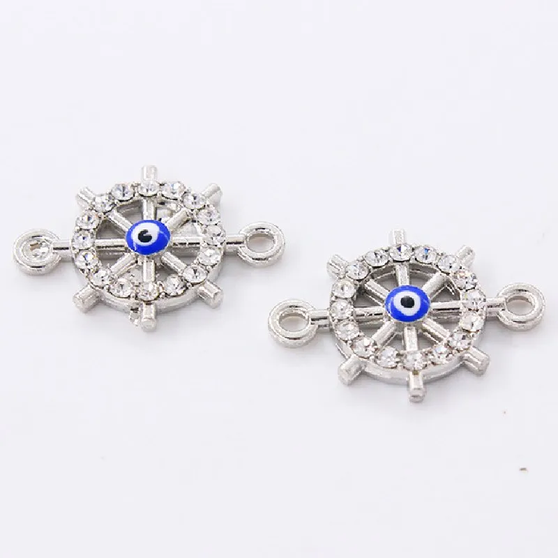 8pcs Handmade Rhinestone Ship Rudder Blue Eye Connectors Pendants DIY Charms For Jewelry Crafts Woman Bracelet Making 20*14mm