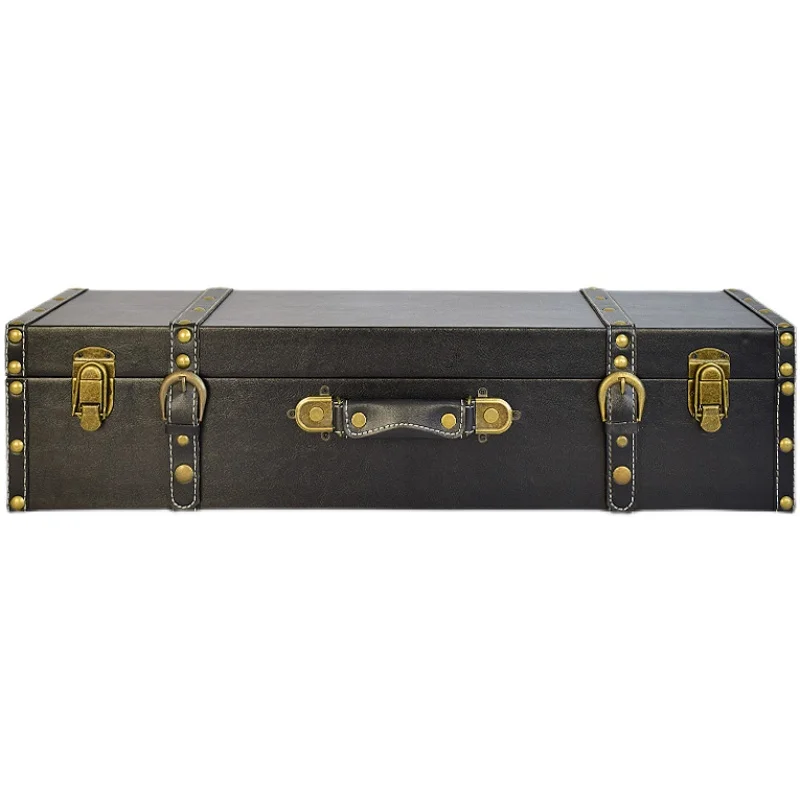 Customized Vintage Organizer Home Portable Long Wooden Box Large Capacity Clothing Storage Box Black Leather Prop Decorative