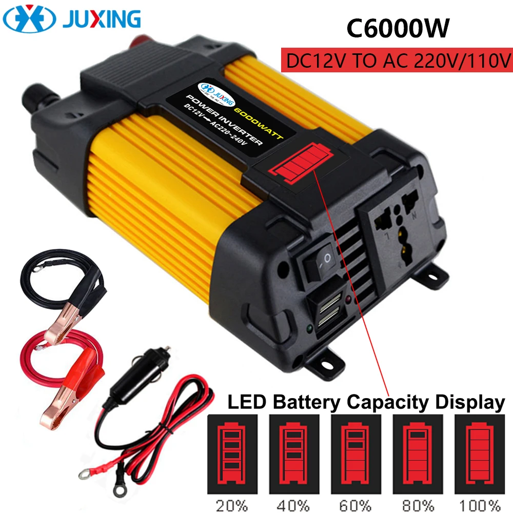 

JUXING 6000W/4000W Converter for Car Power Inverter Voltage Transformer DC 12V to AC 220V with LED Display-2 USB Use for Vehicle