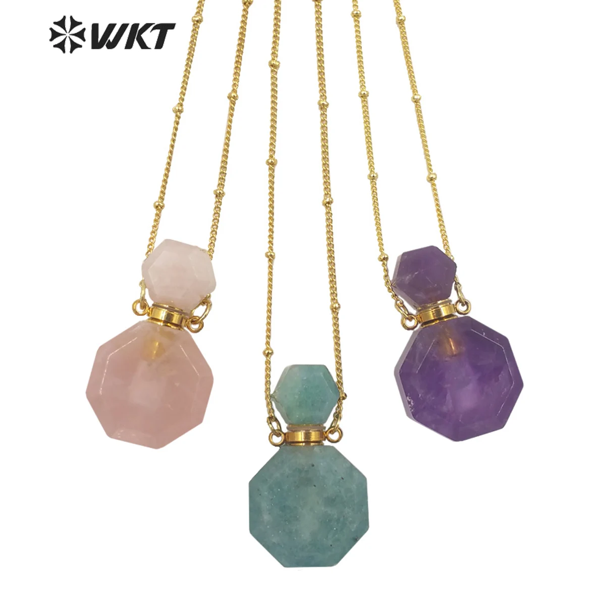 WT-N1356 WKT Colorful Delicate Natural Stone Perfume Bottle Perfume Necklace Pink Quartz Amethysts Amazonites Pendant For Women