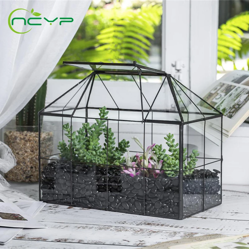 NCYP Modern Glass Geometric Terrarium Tabletop Vase Black Tin-Sealed Brass Black House Shape Container Glass Terrarium