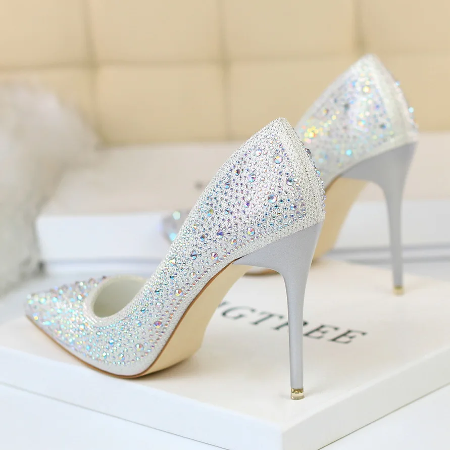 2023 Luxury Women Glitter Rhinestone Thin High Heels Pumps Bride White Silver Heels Crystal Cinderella Wedding Shoes Plus Size