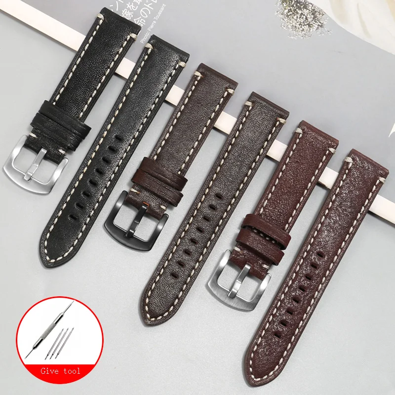 

18 20 22 24mm Strap Black Dark Brown Genuine Leather Watchband Stainless Steel Buckle Brand General Men's Watch Accessories