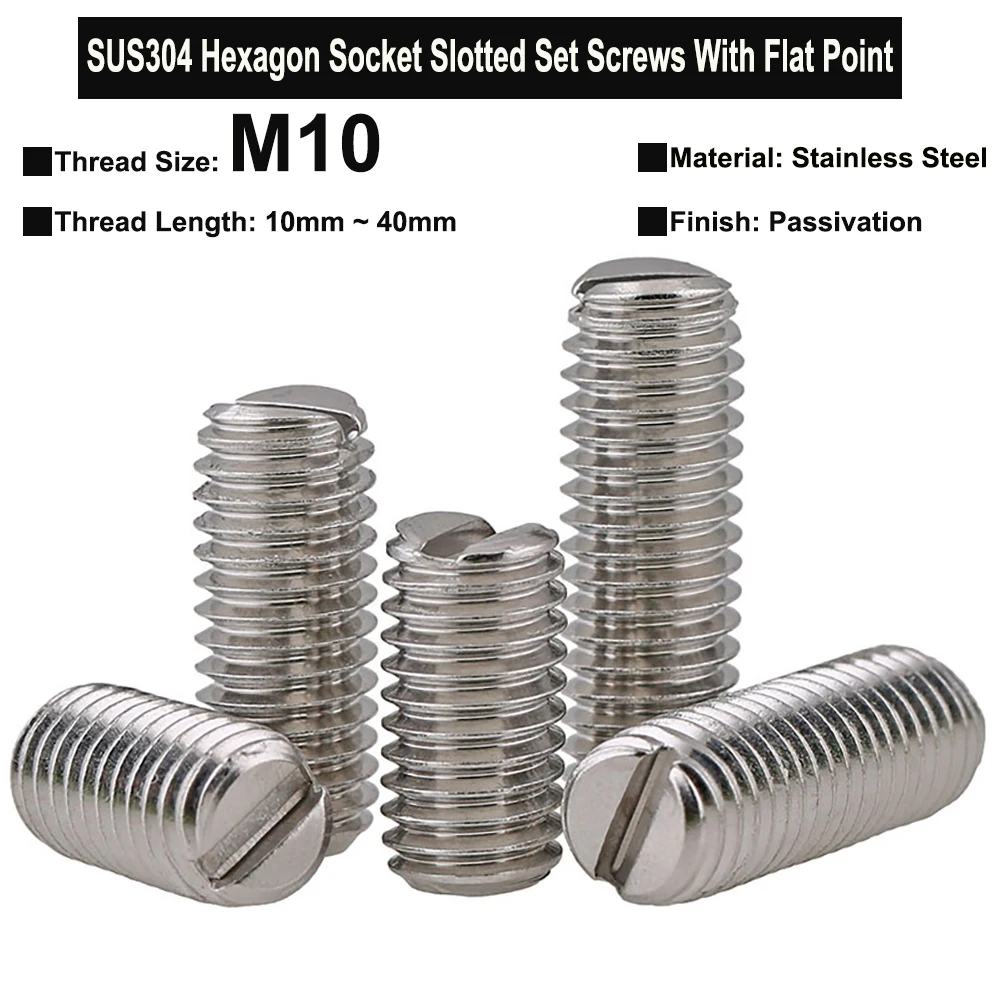 2 Chiếc M10x10mm ~ 40Mm SUS304 Thép Không Gỉ Tuýp Lục Giác Có Rãnh Bộ Ốc Vít Dẹt Điểm Không Đầu Vít Grub ốc Vít