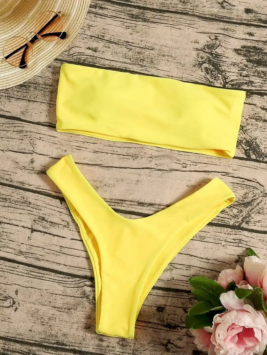 Bandeau High Leg Tube top solid color sexy leaking back  Bikini Swimsuit