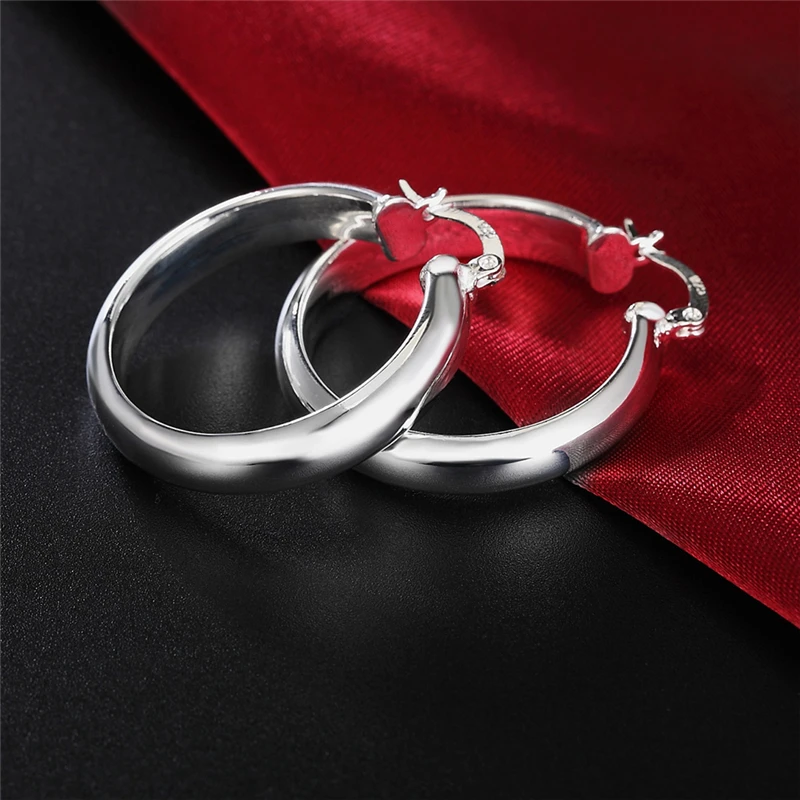 Free Shipping Classic Fashion Simple Small Circle Smooth Surface Earrings Beautiful Women 925 Silver Jewelry Wholesale 33X33MM