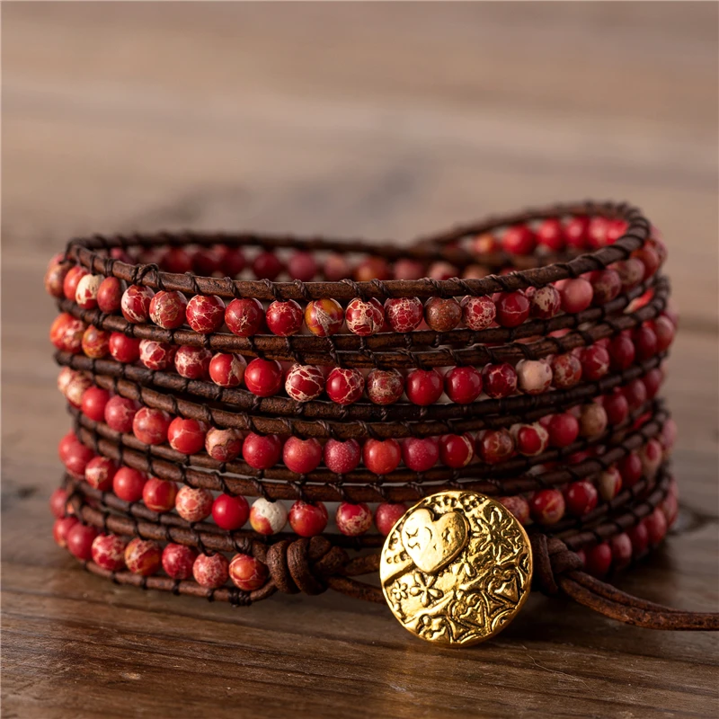 Exclusive New Women Boho Bracelets Red King Jasper 5 Times Leather Strap Woven Wrap Beads Bracelets Femme Jewelry Dropshipping