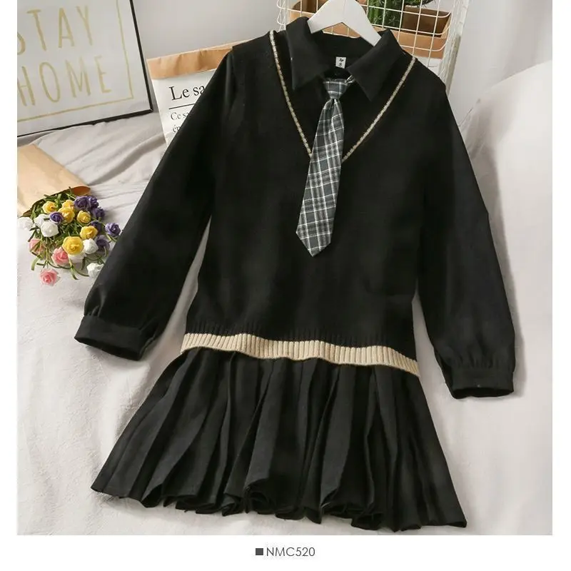 Traje de estilo universitario Kawaii para mujer, vestido plisado suelto que combina con todo, + corbata Chaleco de punto, 3 piezas, primavera y otoño