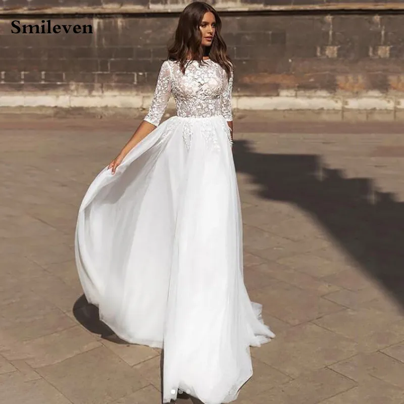 

Smileven Boho Wedding Dress A Line Half Sleeve 3D Lace Appliques Bride Dresses Sexy V Back Party Gowns