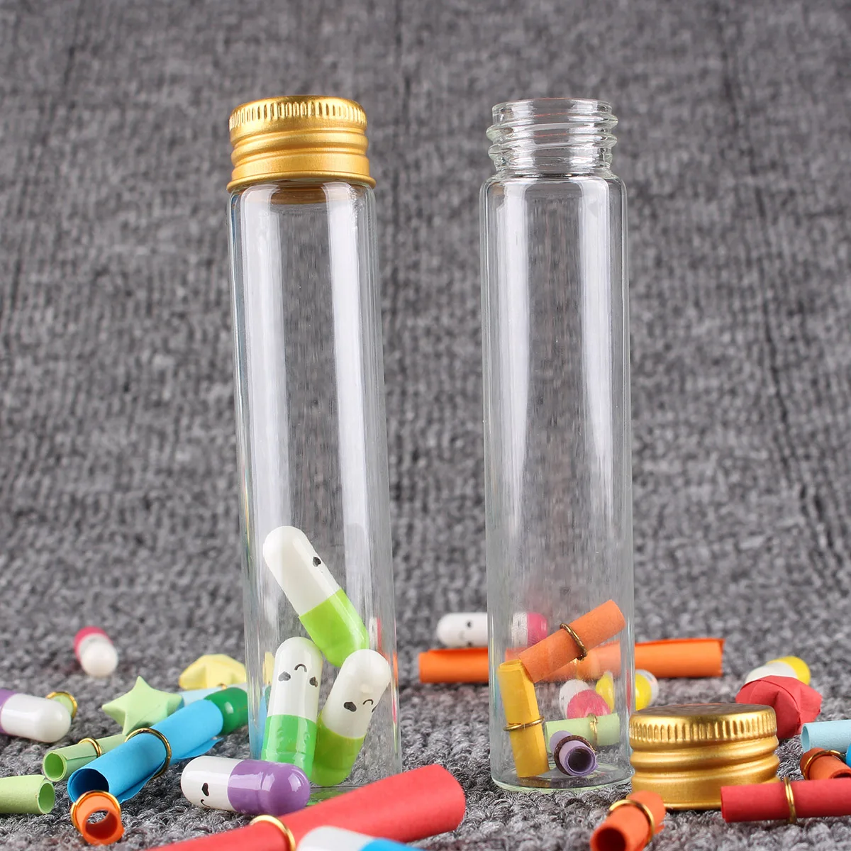 24 pieces 25ml Transparent Glass Spice Bottles with Golden Aluminum Lids 22*100mm Pill Container for Art DIY Crafts