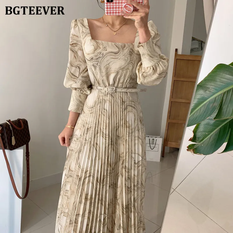 BGTEEVER Elegant Square Collar Women Pleated Dress Long Sleeve Slim Belted Sashes Female Printed Dress Vestidos 2021