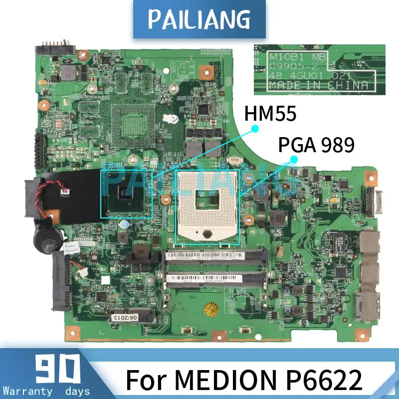 

Материнская плата PAILIANG для ноутбука MEDION P6622, разъем PGA 989, материнская плата 09905-2 HM55 DDR3, протестировано