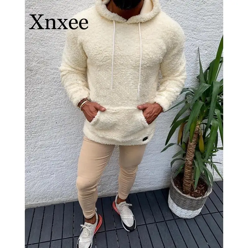 Beige Winter Hooded  Sweater Short Big Pocket Teddy Fleece Fluffy Pullovers Men's  Warm Fleece Tops Streetwear