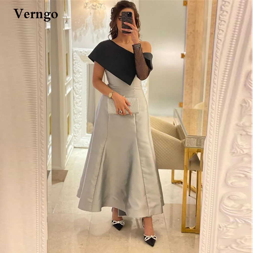 Verngo Saudi Arabric Frauen Formale Abendkleider Silber Satin Schwarz Neck Mermaid Bodenlangen Prom Kleid Nach Maß 2022