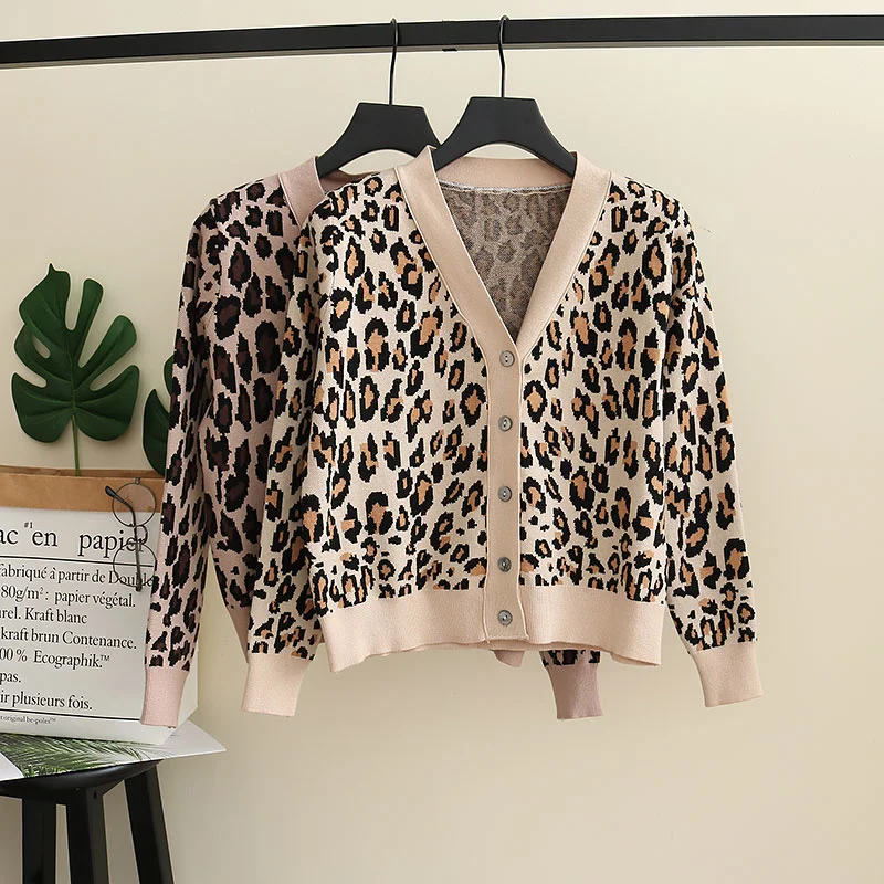 2021 Spring Autumn Vintage Leopard Print Women Knitted Sweater V-Neck Buttons Short Cardigan Casual Female Ladies Outwear