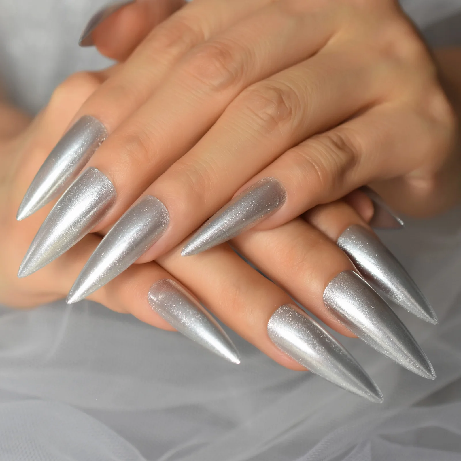 Polvo de plata brillante, punta afilada, Stiletto superlargo, Uñas postizas, calcomanías para salón de belleza, puntas artificiales