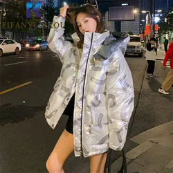 Streetwear Women Winter Jacket Big Pocket Fashion Letter Print Down Jackets Hooded Parka Loose Thick Warm Cotton Coat Female