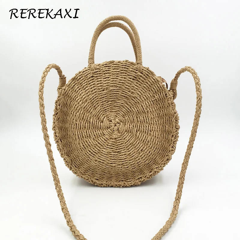 Handmade Rattan Weave Round Straw Bag Women\'s Handbag Bohemia Summer Beach Bag Knitted Shoulder Crossbody Bags Female Tote