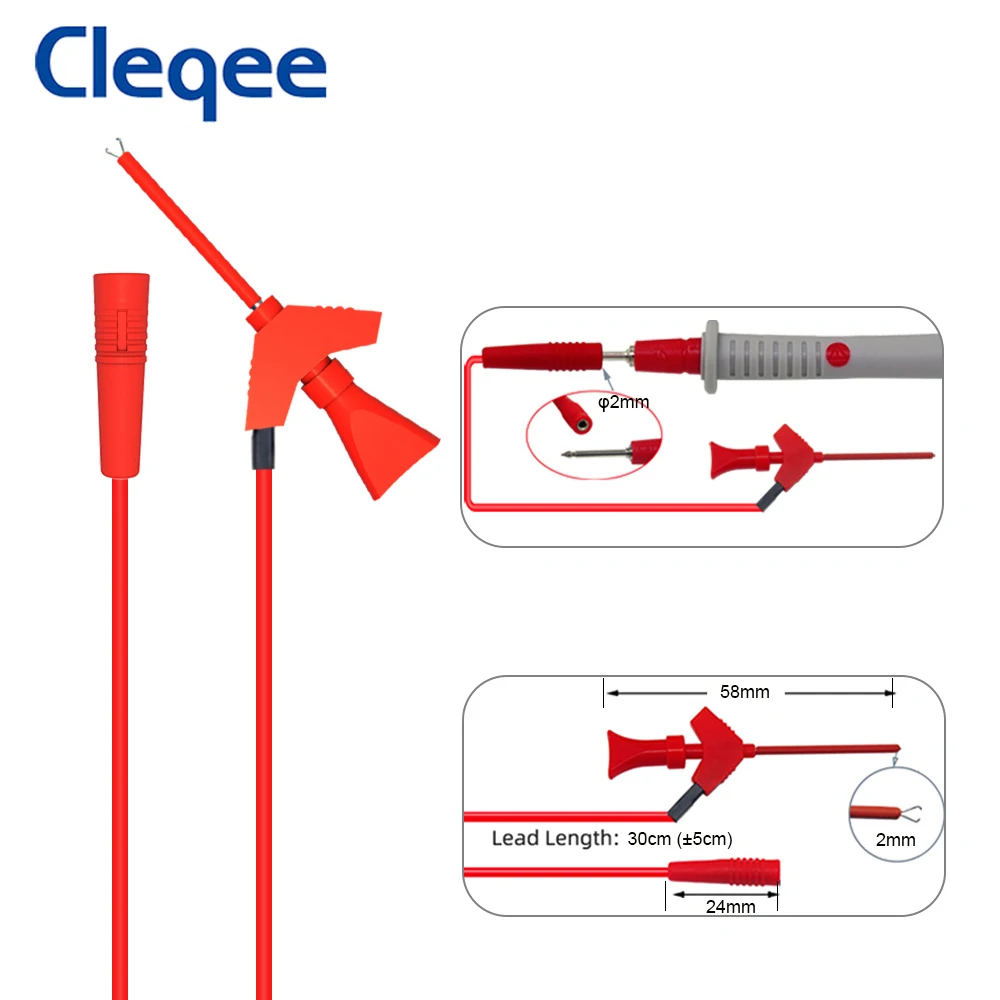 Cleqee P1511B 2PCS SMD IC Test Gancio Clip Sonda di prova Molla interna Cavo in silicone 26AWG con jack da 2mm per multimetro 20V/5A