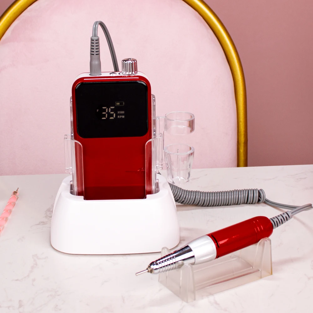 Red Portable Cordless Nail Drill Machine 35000RPM Rechargeable Wireless Manicure Electric Nail File Drill Lightweight Handle