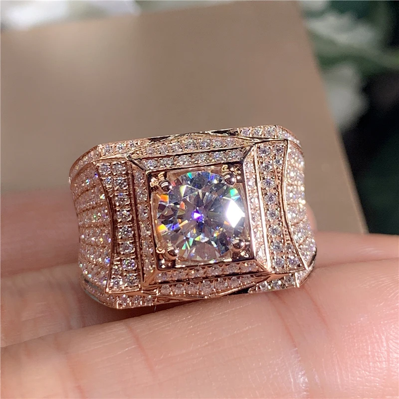 Solid 18K Au750 Rose Gold Men Ring DVVS1 2Carat Moissanite Diamonds Round Wedding Party Engagement Anniversary Ring001